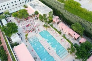 Photo of aerial shot of pool event for a Blue Spark Event Design - Product Launch Miami